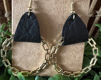 Gold Hoop Black Leather Earrings! Drop and Dangle Earrings! Perfect with any outfit!