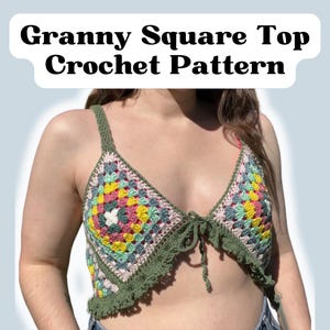 May include: A crocheted top with a granny square design in shades of green, pink, yellow, and blue. The top has a tie at the front and a ruffled hem.