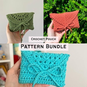 May include: A pattern bundle featuring three crochet pouches in green, coral, and turquoise. Each pouch has a flap closure and a bow detail. The text "CROCHET POUCH PATTERN BUNDLE" is displayed in the center of the image.