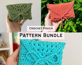 May include: A pattern bundle featuring three crochet pouches in green, coral, and turquoise. Each pouch has a flap closure and a bow detail. The text "CROCHET POUCH PATTERN BUNDLE" is displayed in the center of the image.