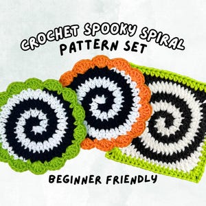 May include: Three crochet spiral pattern sets in green, orange, and black and white. The green and orange sets are circular, while the third is square. The text "CROCHET SPOOKY SPIRAL PATTERN SET" and "BEGINNER FRIENDLY" are displayed.