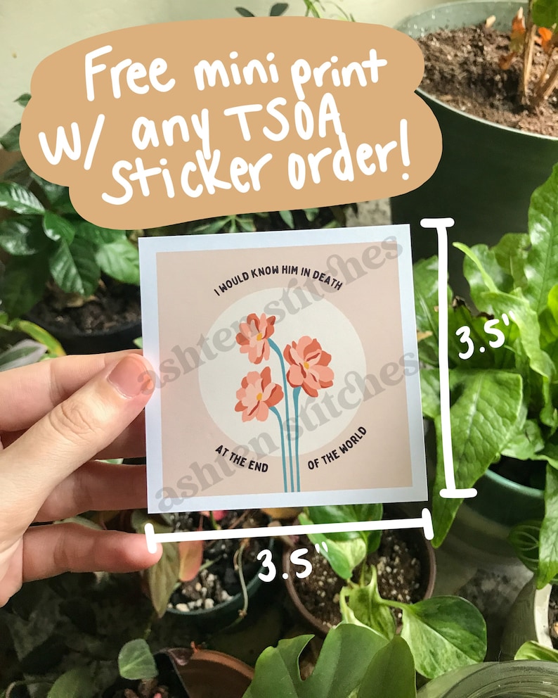 Pode incluir: Uma mini impress&atilde;o quadrada, 8,89 cm por 8,89 cm, com um design floral e o texto "I would know him in death at the end of the world". A impress&atilde;o tem um fundo rosa claro. Rodeado por plantas verdes.