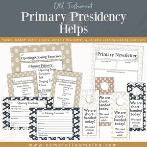 Pode incluir: Um conjunto de recursos imprimíveis para os líderes da Presidência Primária. O conjunto inclui um modelo de boletim informativo, porta-chaves que dizem "Estamos com poucos funcionários hoje! Precisamos de outro adulto!" e exercícios de abertura e encerramento para a Primária Júnior e a Primária Sênior.