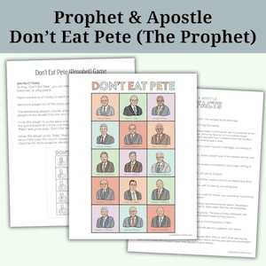 Peut inclure: Jeu "Don't Eat Pete" avec des portraits de personnalités religieuses. Le jeu comprend des instructions et des faits. Le texte du titre est "Prophet & Apostle Don't Eat Pete (The Prophet)". Le jeu est pour plusieurs joueurs.