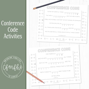 Op de afbeelding: Twee zwart-witte printbare werkbladen met de titel "Conference Code" en een reeks letters en cijfers. De werkbladen bevatten een Bijbelvers en een lege ruimte waar de gebruiker de ontbrekende letters kan invullen met behulp van de code.