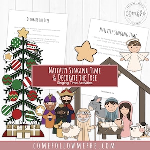 Op de afbeelding: Een printbare kerstactiviteitenset met instructies voor het versieren van een kerstboom en het zingen van kerstliedjes. De set bevat een kerstboom met ornamenten, een kerststal met figuren en een ster.