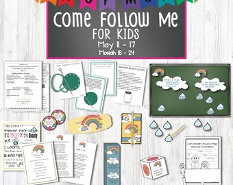 May include: A colorful printable set for teaching children about the Book of Mormon. The set includes a variety of activities, such as coloring pages, word searches, and crafts. The theme of the set is "Come Follow Me for Kids" and the scripture focus is Mosiah 18-24.