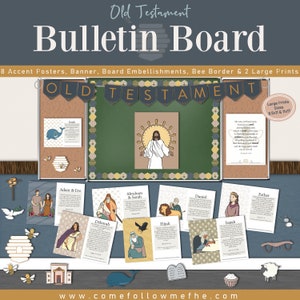 May include: A bulletin board set for an Old Testament theme. The set includes a banner, 8 accent posters, 2 large prints, and bee border embellishments. The posters feature characters from the Old Testament, such as Adam and Eve, Abraham and Sarah, Deborah, Elijah, Daniel, Isaiah, and Esther. The large prints are 8.5x11 and 11x17 inches.