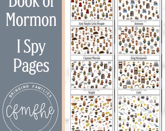Peut inclure: Un ensemble de 10 pages d'I Spy imprimables mettant en scène des personnages du Livre de Mormon. Chaque page présente un personnage ou un groupe de personnes différent, comme Abinadi, Samuel le Lamanite, les peuples anti-Néphi-Léhi, Ammon, le capitaine Moroni, le roi Benjamin, Néphi et Léhi. Les pages sont conçues pour que les enfants puissent trouver les personnages cachés dans chaque image.