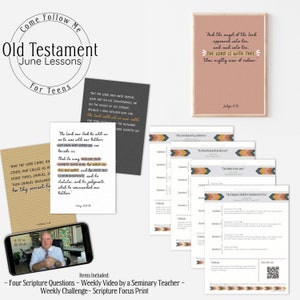 May include: A printable resource for teaching Old Testament lessons to teens. The resource includes four scripture questions, a weekly video by a seminary teacher, a weekly challenge, and a scripture focus print. The image shows a variety of printable pages with colorful designs and text.
