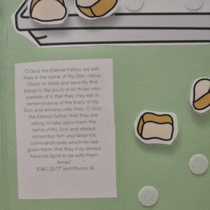 May include: A green background with a white card featuring a religious text about the body of Christ. The text reads "O God, the Eternal Father, we ask thee in the name of thy Son, Jesus Christ, to bless and sanctify this bread to the souls of all those who partake of it, that they may eat in remembrance of the body of thy Son, and witness unto thee, O God, the Eternal Father, that they are willing to take upon them the name of thy Son, and always remember him and keep his commandments which he has given them, that they may always have his Spirit to be with them. Amen (D&C 20:77 and Moroni 4)." There are several white circles and yellow bread-shaped stickers on the green background.