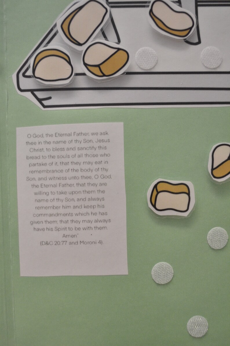 May include: A green background with a white card featuring a religious text about the body of Christ. The text reads "O God, the Eternal Father, we ask thee in the name of thy Son, Jesus Christ, to bless and sanctify this bread to the souls of all those who partake of it, that they may eat in remembrance of the body of thy Son, and witness unto thee, O God, the Eternal Father, that they are willing to take upon them the name of thy Son, and always remember him and keep his commandments which he has given them, that they may always have his Spirit to be with them. Amen (D&C 20:77 and Moroni 4)." There are several white circles and yellow bread-shaped stickers on the green background.