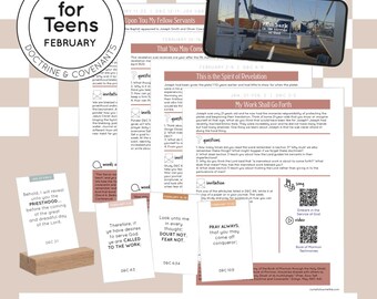 May include: A set of printable cards for a Come Follow Me study for teens. The cards feature a pink and white color scheme with a checkered background. The cards include scripture references, questions to ponder, invitations, songs, and videos. The text on the cards includes "Come Follow Me for Teens", "February", "Doctrine & Covenants", "Behold, I will reveal unto you the Priesthood", "Therefore, if ye have desires to serve God ye are CALLED TO THE WORK", "Look unto me in every Thought DOUBT NOT FEAR NOT", "PRAY ALWAYS that you may come off conqueror", and "Embark in the Service of God".