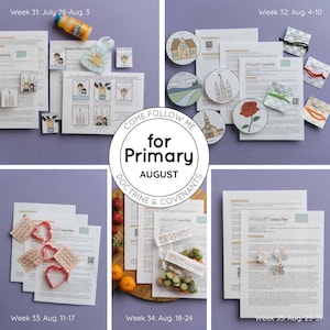 以下が含まれることがあります： 8月に小学校の授業で使用するレッスン計画と関連アイテムのコラージュ。印刷されたレッスン計画、イラスト、洗剤のボトル、バッグ、ハート型のクッキー型などの小さなアイテムが含まれています。「Come Follow Me for Primary August Doctrine & Covenants」というテキストが表示されています。