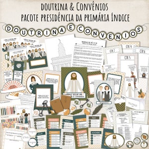 May include: A printable pack of resources for Primary leaders, featuring a green, brown, and yellow color scheme. The pack includes a variety of activities, such as coloring pages, worksheets, and games. The title of the pack is "Doutrina & Convênios - Pacote Presidência da Primária Índice".