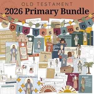 Peut inclure: Un ensemble de matériel pédagogique coloré pour l'Ancien Testament, comprenant des bannières, des cartes et des calendriers. Le texte "OLD TESTAMENT 2026 Primary Bundle" est affiché en haut. Les documents présentent des illustrations de personnages et de scènes bibliques.