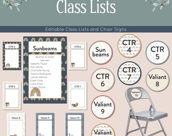 May include: Classroom decor set with rainbow and sunbeam themes. Includes printable class lists, chair signs, and table cards. The set features a blue and white color scheme with gold accents. The text on the signs reads "Sunbeams", "Valiant", and "CTR".