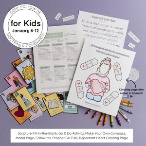 Könnte beinhalten: Ein Satz druckbarer Aktivitätsseiten für Kinder mit einer Malvorlage eines Kindes, das ein Herz hält, einem "Fisch angeln!"-Spiel, einem "Folge dem Propheten"-Spiel und einer "Mach und tu"-Aktivität. Die Seiten sind für die Verwendung mit dem Come Follow Me-Lehrplan für Kinder, Lehre und Bündnisse, vom 6. bis 12. Januar konzipiert.