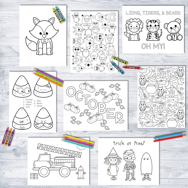 Puede incluir: Una colecci&oacute;n de p&aacute;ginas para colorear con varios temas. Incluye un zorro, robots, leones, tigres, osos, caramelos de ma&iacute;z, calabazas, im&aacute;genes con tem&aacute;tica de Halloween, un cami&oacute;n de bomberos y personajes de truco o trato. Crayones y l&aacute;pices de colores est&aacute;n esparcidos.