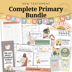 Könnte beinhalten: Ein vollständiges Primär-Paket zum Neuen Testament mit verschiedenen gedruckten Lehrmaterialien, darunter Arbeitsblätter, Karten und Schilder mit Illustrationen von Jesus, Schmetterlingen und Blumen in Pastellfarben und Text.