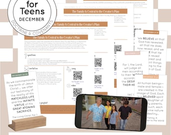 May include: A collection of lesson plans and scripture cards for teens, featuring the text "Come Follow Me for Teens December Doctrine & Covenants." The materials include lesson overviews, questions, invitations, songs, videos, and quotes. A smartphone displays a family.
