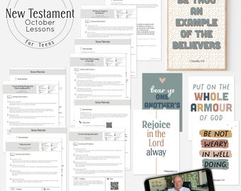 May include: A collection of printable resources for a New Testament October lesson for teens. The resources include lesson plans, bonus materials, and inspirational quotes. The quotes include "Be thou an example of the believers", "Bear ye one another's burdens", "Rejoice in the Lord alway", "Put on the whole armour of God", and "Be not weary in well doing".