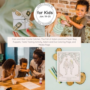 Op de afbeelding: Een collage van kinderactiviteiten, waaronder een kriebelverzamelaar, papieren zakpoppen en een kleurplaat. De activiteiten zijn gebaseerd op het Oude Testament, met de tekst "Come Follow Me for Kids" en "Jan. 19-25". De afbeelding bevat de tekst "Cain and Abel Cootie Catcher, The Fall of Adam and Eve Paper Bag Puppets, Taste Testing Activity, Adam and Eve Coloring Page, and Media Page."