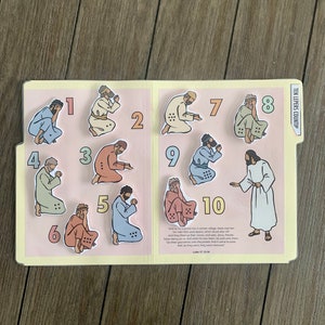 May include: A colorful educational game for children about the biblical story of the ten lepers. The game features ten illustrated figures of lepers, each with a corresponding number. The game also includes a text passage from the Bible, Luke 17:12-14, which tells the story of the ten lepers.