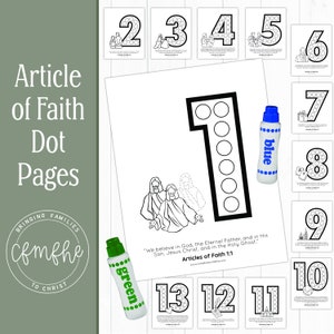 May include: A set of 13 printable dot-to-dot pages featuring illustrations of Jesus Christ and the Apostles. Each page includes a number, a scripture verse, and a quote from the Articles of Faith. The pages are designed for children to practice their counting skills and learn about the Articles of Faith.