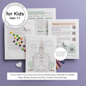 Puede incluir: Materiales educativos para niños, que incluyen una página para colorear de un templo, hojas de actividades y caramelos de colores. Los materiales son para el programa "Come Follow Me", con el texto "for Kids" y "Sept. 1-7".