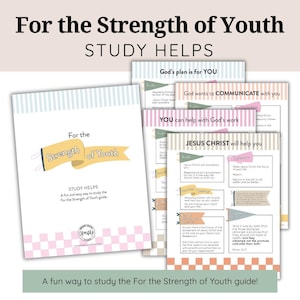 May include: A collection of study guides titled "For the Strength of Youth." The guides feature pastel colors, including pink, blue, and yellow. The main guide has the title on a banner. The guides are designed to help with studying the "For the Strength of Youth" guide.