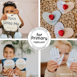May include: A collage of images for the "Come Follow Me" program for February. The images include children holding cards with text like "Turn Unto Me" and "Holy Ghost", heart-shaped cards, and hand-shaped cards. The text "Old Testament" is also visible.
