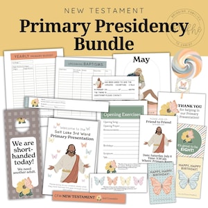 Op de afbeelding: Een verzameling gedrukte bronnen voor een Primary Presidency, inclusief formulieren voor budgetten, dopen en openingsoefeningen. De documenten bevatten illustraties van Jezus, vlinders en bloemen, met de tekst New Testament Primary Presidency Bundle en We are short-handed today.