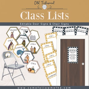 May include: Printable classroom door and chair signs with a yellow and black polka dot pattern. The signs feature the words "Valiant" and "CTR" with numbers. The signs also feature illustrations of biblical scenes.