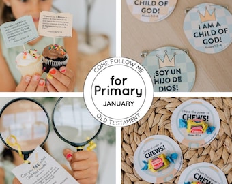 Puede incluir: Un collage de imágenes para el programa "Ven, sígueme" de enero. Incluye cupcakes, insignias circulares con texto, lupas y caramelos. El tema es "Antiguo Testamento" con temas semanales y referencias bíblicas.