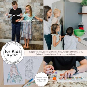 May include: A collage of images featuring children and adults engaged in various activities. The text includes "Come Follow Me for Kids" and "Old Testament." Activities include a chain activity, coloring pages, and a popcorn-themed activity. The image also includes text in Spanish.