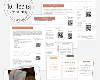 May include: A printable Come Follow Me for Teens study guide for January featuring the Book of Mormon. The guide includes a variety of activities, such as scripture study, videos, and journaling. The guide is designed to help teens learn about the Book of Mormon and its teachings.