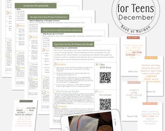 May include: A collection of printable Come Follow Me for Teens study materials for December, featuring the Book of Mormon. The materials include a variety of topics, such as Jesus Christ, overcoming weaknesses, and charity. The materials are designed to help teens learn about the gospel of Jesus Christ and apply it to their lives.