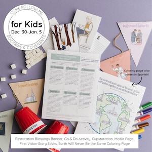 May include: A collection of educational materials for children, including a banner, activity sheets, and coloring pages. The materials feature illustrations and text related to religious themes, with a focus on the Doctrine & Covenants. The image includes red cups and crayons.