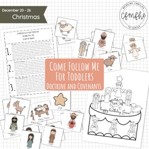 Puede incluir: Un conjunto de ilustraciones imprimibles en blanco y negro para una actividad navideña para niños pequeños. Las ilustraciones incluyen una estrella, una vaca, un burro, un pastor, un mago, un ángel, ovejas y el bebé Jesús. El texto "Come Follow Me for Toddlers Doctrine and Covenants" está en un rectángulo rosa en la parte superior de la página.