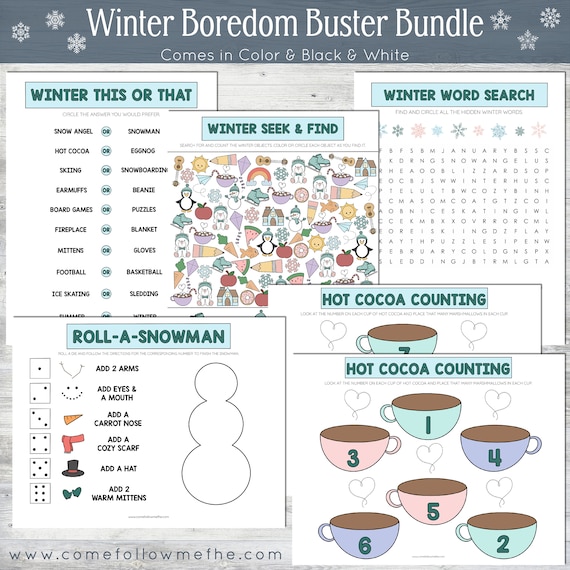 Winter Boredom Buster Bundle // Kids Activities, Word Search, This or That, Counting, Seek and Find, Snowman, Winter Activities