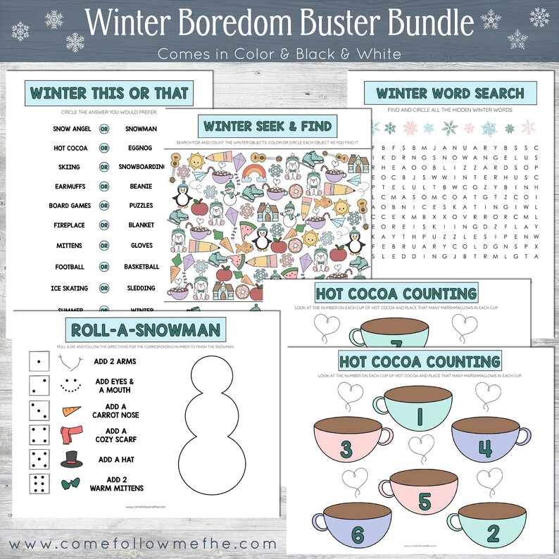 Winter Boredom Buster Bundle // Kids Activities, Word Search, This or That, Counting, Seek and Find, Snowman, Winter Activities