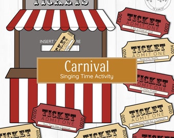 May include: A printable carnival ticket booth with a red and white striped awning. The booth has a slot for inserting tickets and a sign that says "TICKETS". There are several tickets with different song titles printed on them, such as "I Am a Child of God", "Reverently, Quietly", and "A Child's Prayer". The text "Carnival Singing Time Activity" is printed below the booth.