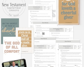 May include: A collection of printable worksheets for a New Testament study for teens. The worksheets feature the text "For God loveth a cheerful giver" and "The God of all comfort".