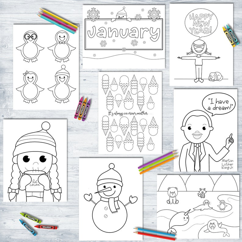 Puede incluir: Una colecci&oacute;n de p&aacute;ginas para colorear en blanco y negro con temas de invierno y verano. Incluye ping&uuml;inos, un mu&ntilde;eco de nieve, conos de helado y una cita de Martin Luther King Jr. Crayones y l&aacute;pices de colores est&aacute;n esparcidos.
