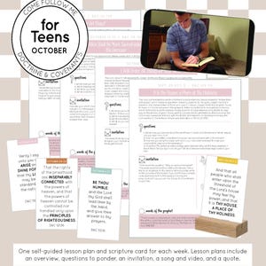 May include: A self-guided lesson plan and scripture card set for teens, featuring the text "Come Follow Me for Teens October Doctrine & Covenants." Includes lesson plans, questions, invitations, and quotes. A video is also included.