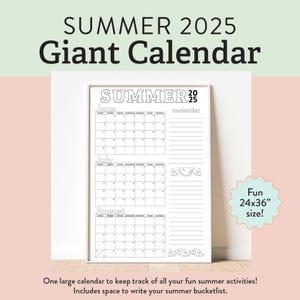 Op de afbeelding: Een printbare zwart-witte zomerkalender voor juni, juli en augustus 2025. De kalender is 61 cm bij 91 cm en heeft ruimte voor een zomerse bucketlist.