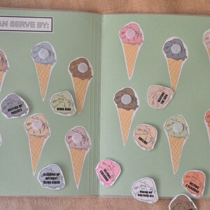 May include: A green and brown folder with the text "I can serve by:" and "Service is Sweet" on the front and back covers. The folder is decorated with ice cream cone stickers with different flavors and messages like "Being Kind" and "Helping a Neighbor".