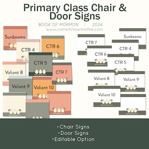 May include: Printable classroom signs for a primary class, featuring a pear design and the text "Book of Mormon 2024". The signs include names like "Sunbeams", "Valiant 8", and "CTR 4".
