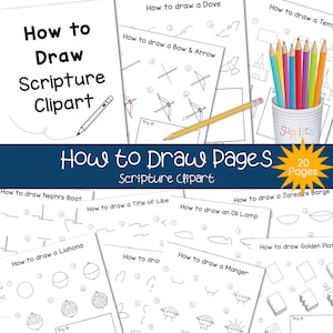 May include: A set of 20 printable how-to-draw pages featuring scripture-themed illustrations. The pages include instructions for drawing a dove, a bow and arrow, a title of liberty, a Liahona, a manger, and more.